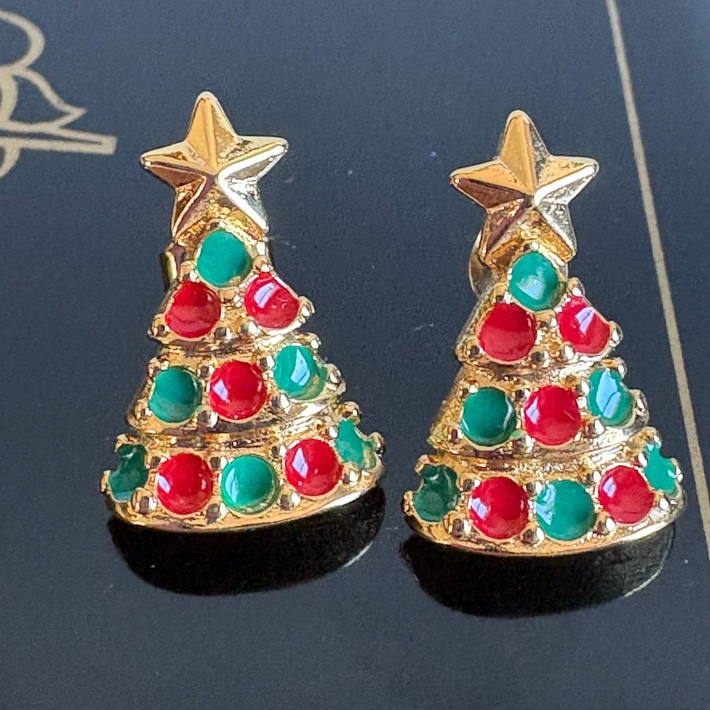 Vintage Avon Christmas Tree Earrings Red Green Enamel Gold Star Studs NIB 90s